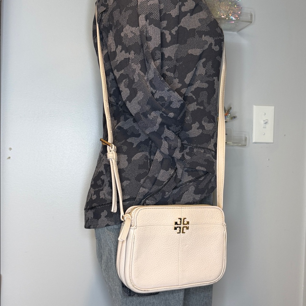 Tory Burch Cream Pebbled Leather Crossbody with Gold Logo